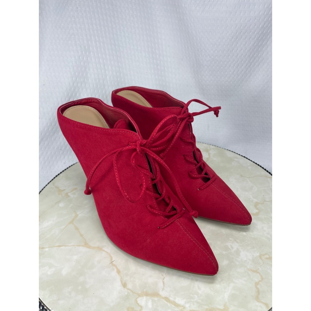 ShoeDazzle Lace Up Pointed Toe Mules Womens Sz 10 Red Faux Suede Stiletto Heel